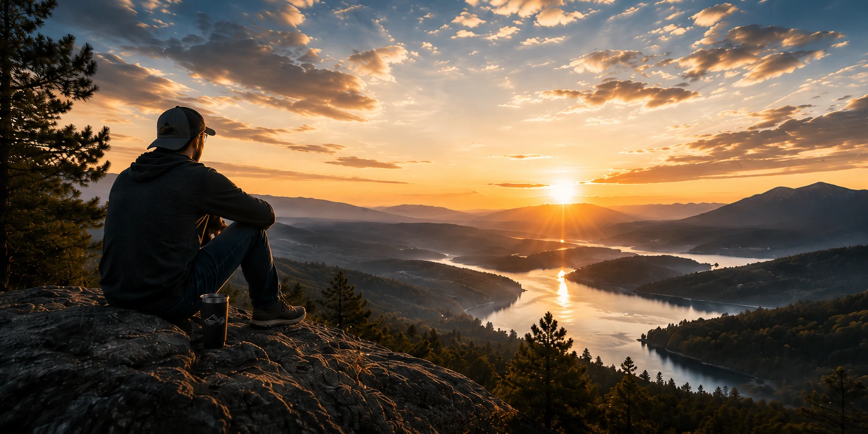 A quiet sunrise over mountains and a winding river
